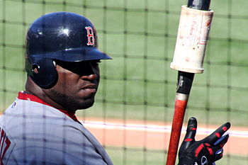 David Ortiz, mid warm up, turns back to the crowd.