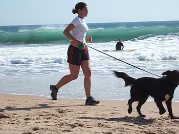 English: Jogging with dog at Carcavelos Beach ...